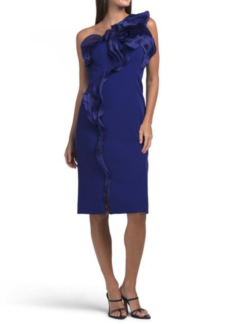 TERI JON Crepe One Shoulder Organza Trim Midi Dress